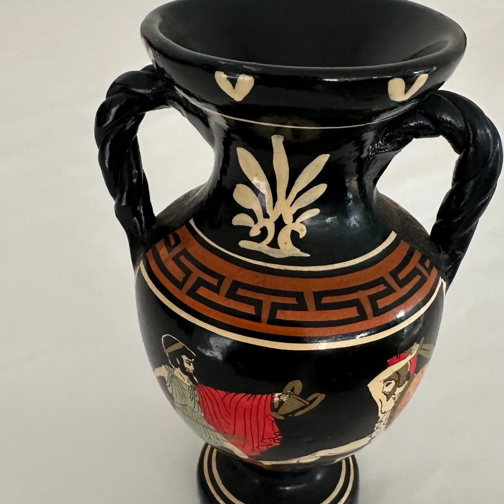 Hand Made in Greece Vase Double Handle Red Orange Ancient Greek Style Fighting